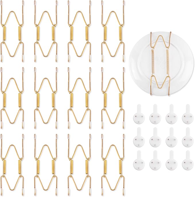 Bilillo 12 Pieces Plate Wall Hangers for Display - Invisible Plates Hanger, Stainless Steel Plate Holders with 12 Pieces Wall Hooks for 4.5-5.5 Inch Decorative Plates and Arts