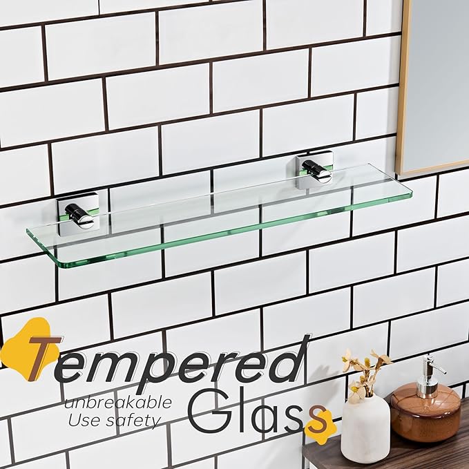 KOKOSIRI Bathroom Shelves Wall Mounted 20-Inch Floating Glass Shelf Kitchen Hanging Rack for Shower Storage Decor, Polished Stainless Steel B1107CH-L20