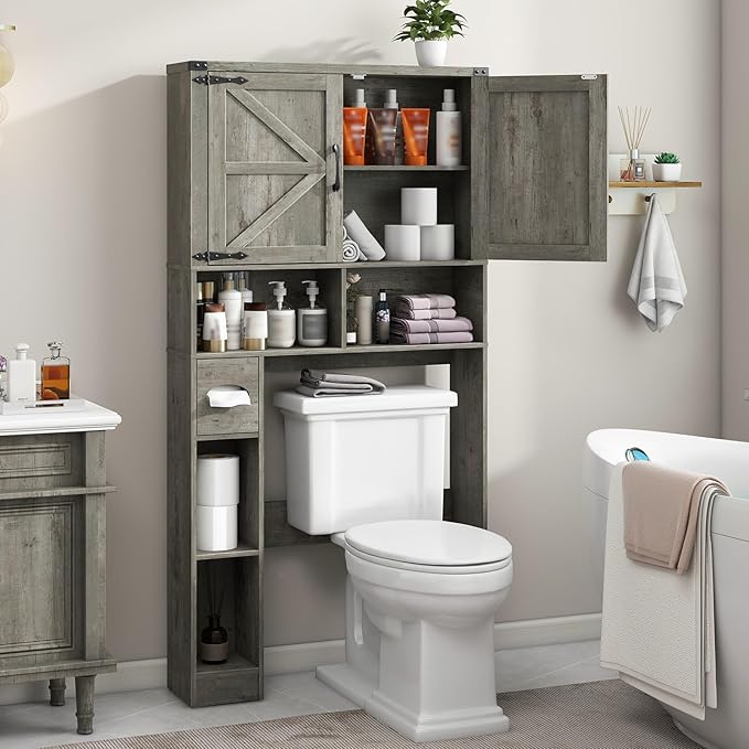 Vabches Over The Toilet Storage Cabinet, Farmhouse Storage Cabinet Over Toilet with 2 Barn Doors & Toilet Paper Holder Stand，Home Space-Saving Toilet Rack, for Laundry, Bathroom, Restroom.Grey Oak