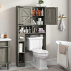 Vabches Over The Toilet Storage Cabinet, Farmhouse Storage Cabinet Over Toilet with 2 Barn Doors & Toilet Paper Holder Stand，Home Space-Saving Toilet Rack, for Laundry, Bathroom, Restroom.Grey Oak