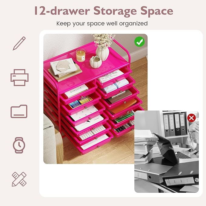GOFLAME 12-Drawer Rolling Storage Cart, Multifunctional Art Craft Organizer Cart, Mobile Utility Storage Cart with Removable Drawers & Lockable Wheels, Craft Cart for Home Office School, Hot Pink