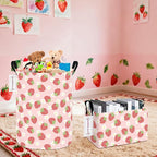 QUEENLALA Large Storage Basket,Laundry Hamper/Bathroom/Home Decor/Collapsible Round Storage Bin,Boys and Girls Hamper/Boxes/Clothing(Round-Pink Strawberry)