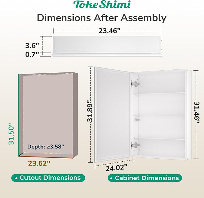 TokeShimi 24 x 32 Mirrored Medicine Cabinet, Assembly Required, White Medicine Cabinet for Bathroom, Tempered Beveled Mirror, Stepless Adjustable Shelves, Recessed/Wall Mounted