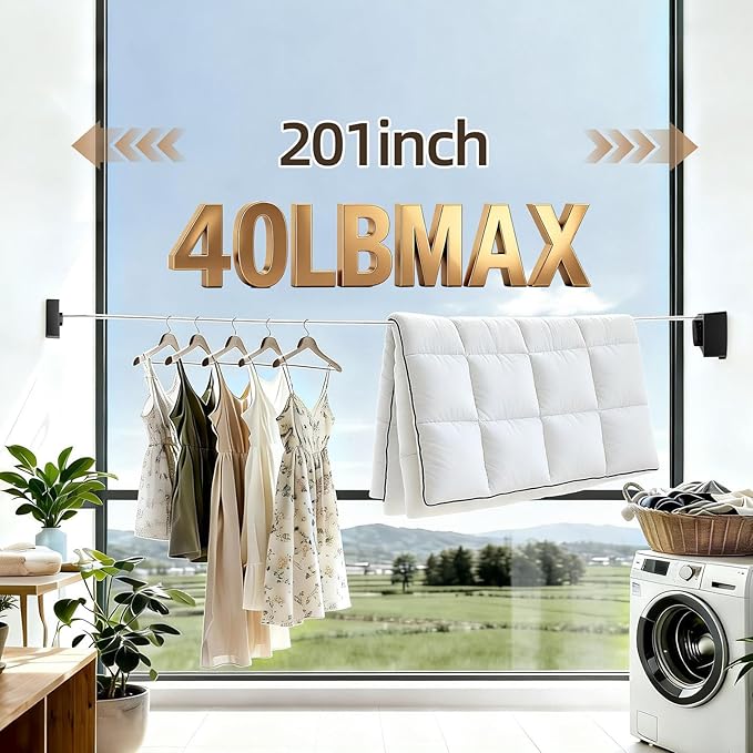 Anti-Sag Retractable Clothesline 40LB Capacity - 201in Stainless Steel Laundry Line for Indoor Outdoor, Wall Mounted Space Saving Easy Install (Black)