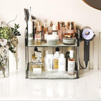 Bathroom Counter Organizer, 2 Tier Makeup Skincare Storage Tray with Hair Dryer Holder and Toothbrush Rack, Perfume Organizer Vanity Shelf for Countertop, Dresser (Transparency Green)