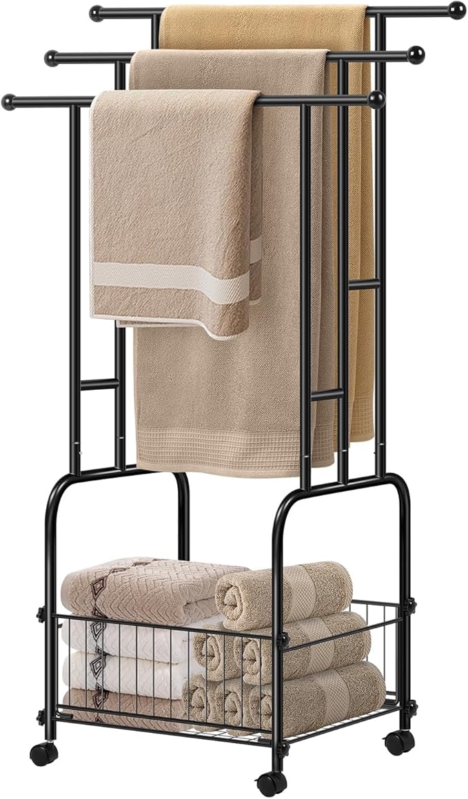 HAITRAL 42" H Standing Towel Rack, 3 Tiers Towel Holder with Basket, Bathroom Freestanding Towel Rack with 360° Anti-Skid Wheels, Multi-Use for Towel, Blanket, Clothes, Indoor/Outdoor (Black)