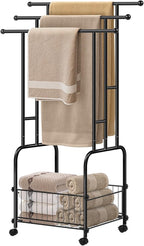 HAITRAL 42" H Standing Towel Rack, 3 Tiers Towel Holder with Basket, Bathroom Freestanding Towel Rack with 360° Anti-Skid Wheels, Multi-Use for Towel, Blanket, Clothes, Indoor/Outdoor (Black)