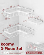 Corner Shower Caddy - 3-Pack Shower Organizer with Soap Holder & Built-In Hooks, Rustproof Metal Shower Shelves, Laundry, Kitchen, Bathroom Organizers and Storage Solution, Large, White