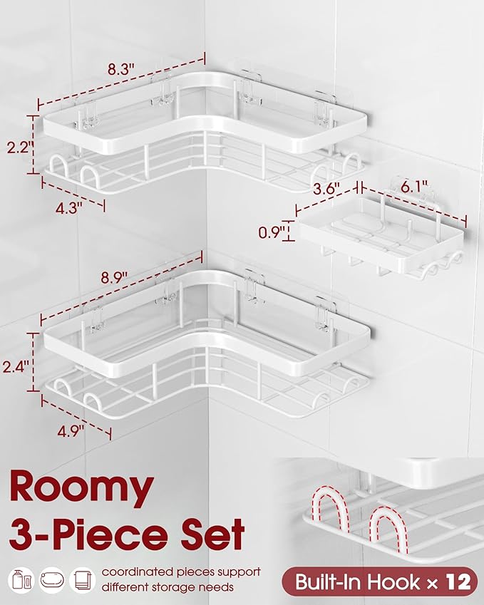 Corner Shower Caddy - 3-Pack Shower Organizer with Soap Holder & Built-In Hooks, Rustproof Metal Shower Shelves, Laundry, Kitchen, Bathroom Organizers and Storage Solution, Large, White