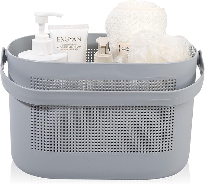 UUJOLY Plastic Storage Baskets with Handles, Shower Caddy Shelf Organizers Basket for Bathroom, Kitchen, Dorm Room, Gray
