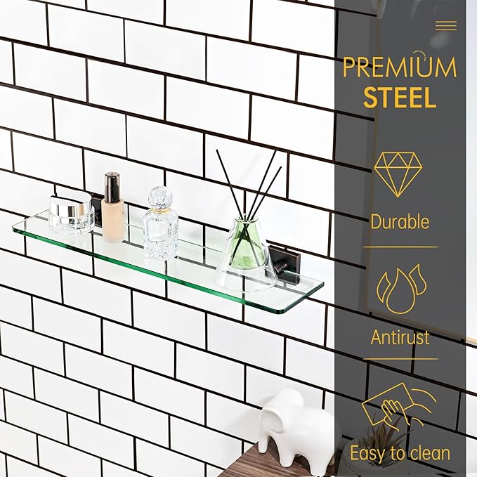 KOKOSIRI Wall Shelves for Bathroom Hardware 20-Inch Glass Floating Shelf Kitchen Hanging Rack Shower Storage, Oil Rubbed Bronze Stainless Steel B1107ORB-L20