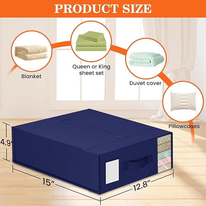 WOWBOX Sheet Organizers and Storage,Closet Bed Sheet Organizer Under Bed Storage and Organization with Label Cards & Clear Window for Bedding Sheets,Duvet Covers,Blankets (6 Pack，Blue)