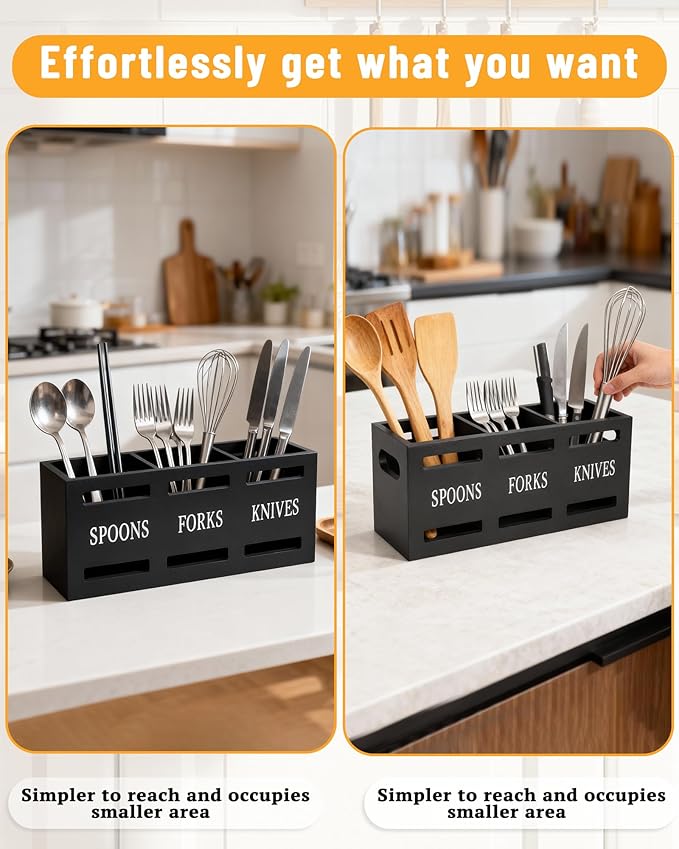 Kitchen Utensils Holder for Counter, Wooden Utensil Organizer for Storage Cooking and Silverware, Black Cooking Utensil Storage Box for Countertop,Wood Organizer with 3 Compartments,Rustic Minimalist.