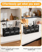 Kitchen Utensils Holder for Counter, Wooden Utensil Organizer for Storage Cooking and Silverware, Black Cooking Utensil Storage Box for Countertop,Wood Organizer with 3 Compartments,Rustic Minimalist.