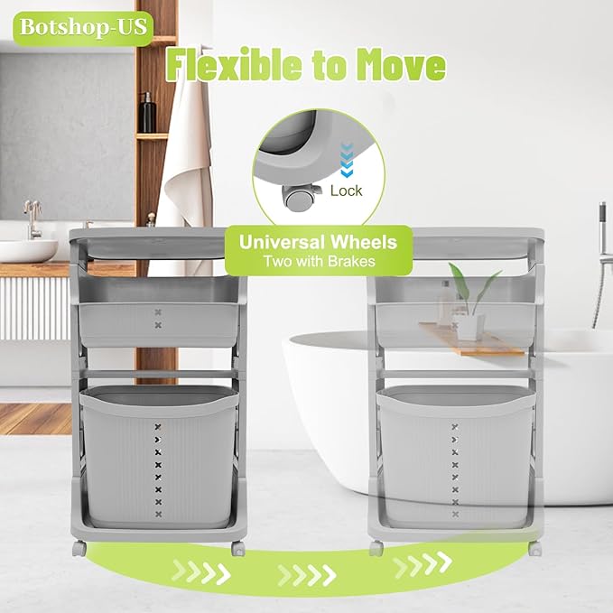 Laundry Hamper Basket 2-Tier, Movable Rolling Cart Clothes Storage Organizer with Wheels, Portable Stackable Bins, Plastic Dirty Clothes Sorter Shelf for Bedrooms, Grey