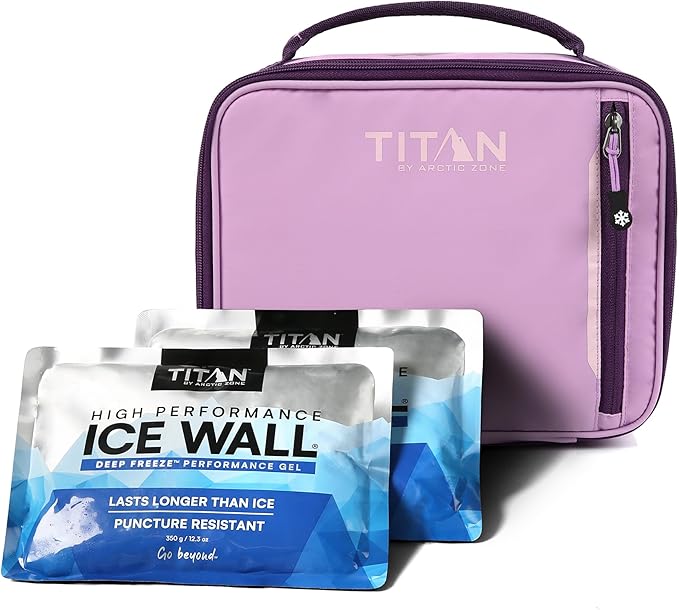 Titan by Arctic Zone Fridge Cold Lunch Box with 2 Gel Ice Packs, Small Insulated Cooler Bag with Leak Proof Lining for School and Work, Lavender