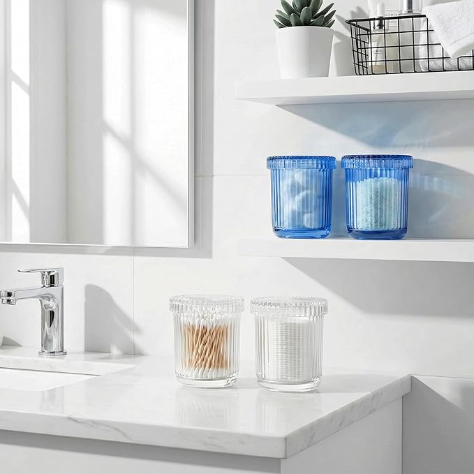 2 Pack Qtip Holder - Apothecary Jars with Lids, Bathroom Organizers and Storage Canister for Cotton Balls,Swabs,Floss Picks,Hair Ties,Clear Glass Vintage Bathroom Decor Jar Set (Blue2)