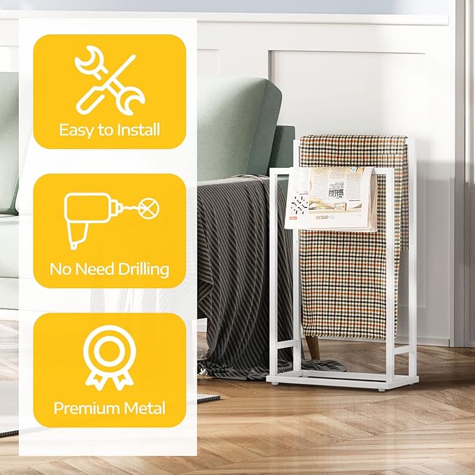 Freestanding Towel Rack for Bathroom 2 Tier Small Metal Hand Towel Holder Stand Towel Bar Towel Drying Rack Floor for Bedroom Laundry Room, White