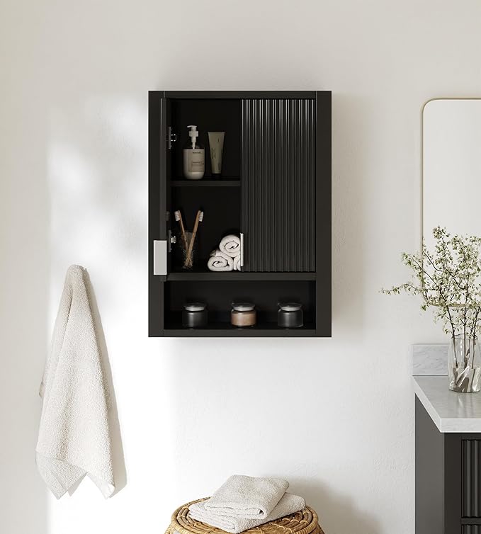 ARIEL Milan Bathroom Wall Cabinet 31" H x 23.1" W x 8" D - Open Shelf - Black