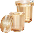 SheeChung Amber Glass Apothecary Jars 2-Pack - Vintage Sunburst Bathroom Organizer & Storage Set - Qtip Holder Dispenser, Vanity Canister for Cotton Swabs, Balls, Pads - Luxury Modern Farmhouse Decor