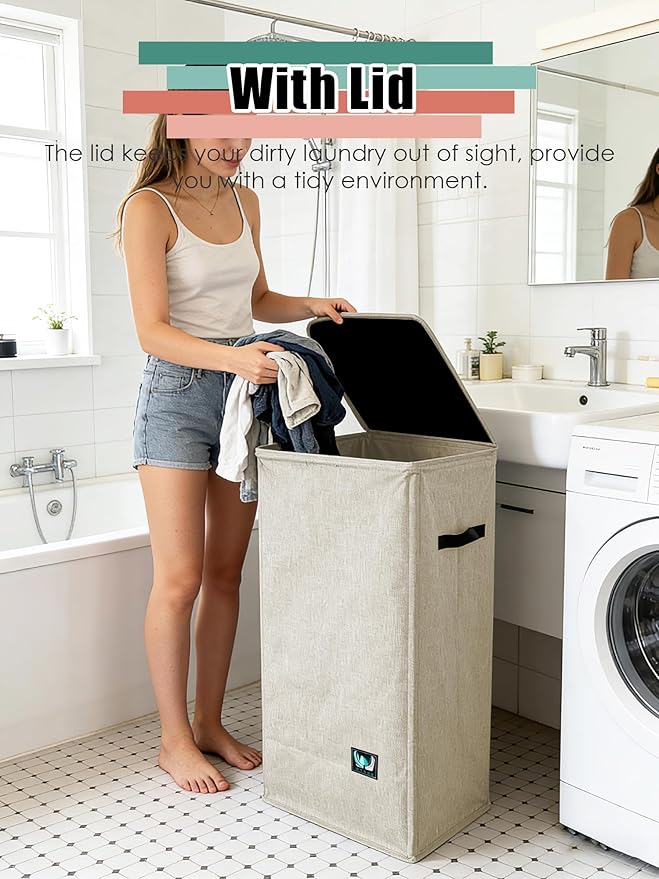 Laundry Hamper with Lid, Reinforced Sturdy Clothes Hamper with Anti-Puncture Base, Large Collapsible Laundry Basket with Removable Liner Bag, Tall Dirty Clothes Bin for Family, 100L Beige