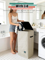 Laundry Hamper with Lid, Reinforced Sturdy Clothes Hamper with Anti-Puncture Base, Large Collapsible Laundry Basket with Removable Liner Bag, Tall Dirty Clothes Bin for Family, 100L Beige