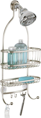iDesign York Metal Wire Hanging Shower Caddy, Extra Wide Space for Shampoo, Conditioner, and Soap with Hooks for Razors, Towels, and More, 9.75" x 4" x 22", Satin Silver