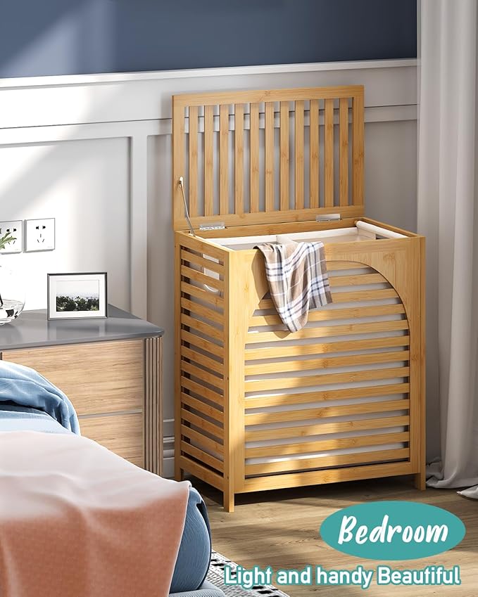 Laundry Hamper with Lid, 27.3 Gallon (103L) Bamboo Wood Clothes Laundry Basket with Lid and Handles, Removable Liner