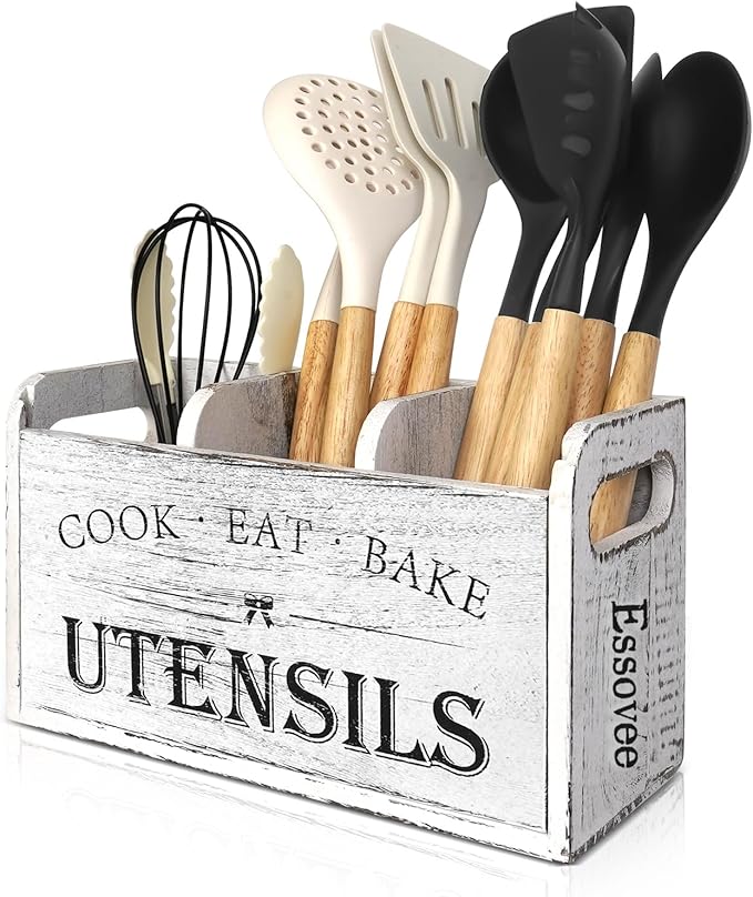 Farmhouse Kitchen Utensil Holder with 3 Compartments, Wooden Utensil Organizer for Countertop, Utensil Holder Rustic Cooking Utensil for Farmhouse Kitchen Decor