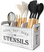 Farmhouse Kitchen Utensil Holder with 3 Compartments, Wooden Utensil Organizer for Countertop, Utensil Holder Rustic Cooking Utensil for Farmhouse Kitchen Decor