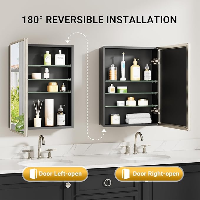 Pre-Assembled Surface or Recessed Medicine Cabinet Mirror-16x24 Brushed Nickel Bathroom Medicine Cabinet with Mirror & Rustproof Aluminum Frame, Beveled Bathroom Vanity Mirror with Storage