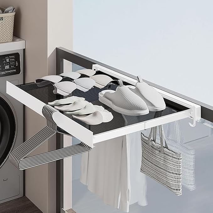 LETINE Wall Mounted Drying Rack: Retractable Indoor Clothes Drying Rack – Aluminum Alloy Frame w/Soft Mesh Surface. Laundry Rack & Temp Shelf for Balcony, Bathroom, Kitchen. with 8 Hooks (White, L)