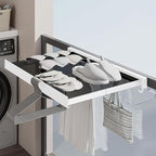 LETINE Wall Mounted Drying Rack: Retractable Indoor Clothes Drying Rack – Aluminum Alloy Frame w/Soft Mesh Surface. Laundry Rack & Temp Shelf for Balcony, Bathroom, Kitchen. with 8 Hooks (White, L)