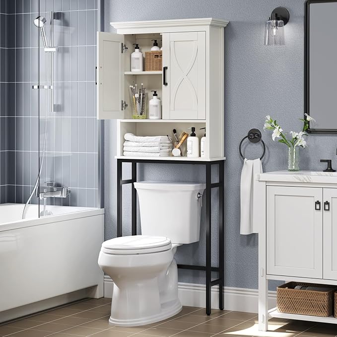 Over The Toilet Storage Cabinet, Over The Toilet Cabinet with Doors, Over Toilet Bathroom Organizer Above Toilet Storage Cabinet with Inner Adjustable Shelf and Anti-Tip Device, Cream White