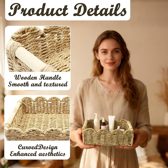 3 Pack Scalloped Edge Basket with Wood Handle, Wicker Woven Storage Basket Small Wicker Baskets Toilet Paper Baskets Paper Rope for Nursery & Bathroom Organization, 3 Size