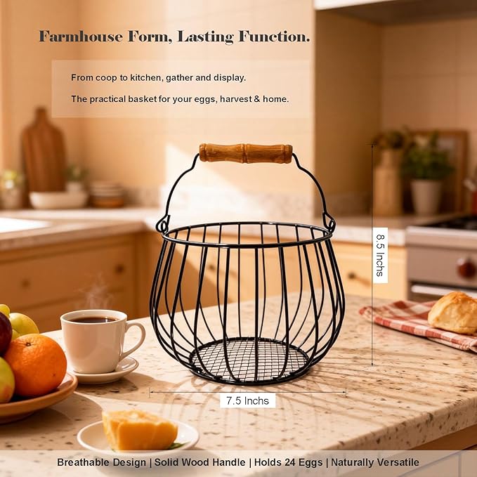 Farmhouse Egg Basket for Gathering Fresh Eggs - 24 Egg Capacity Wire Basket with Wood Handle, Chicken Coop to Kitchen Counter Organizer for Potatoes, Onions & More
