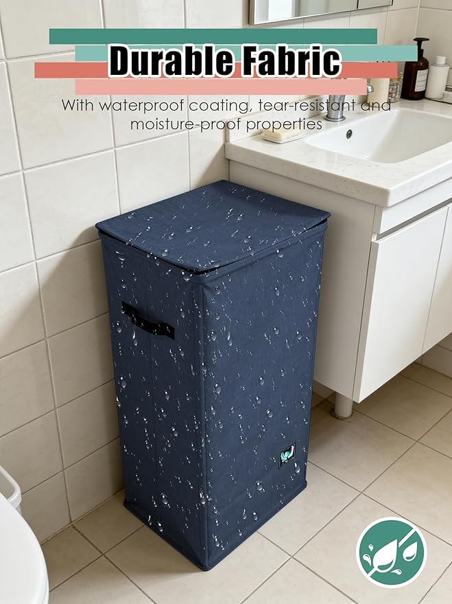 Laundry Hamper with Lid, Reinforced Sturdy Clothes Hamper with Anti-Puncture Base, Large Collapsible Laundry Basket with Removable Liner Bag, Tall Dirty Clothes Bin for Family, 100L Navy Blue