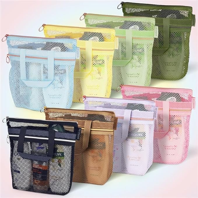 Mesh Shower Bag 10.2x9.9'' Quick-Dry Caddy with Zipper & 2 Pockets. Portable Toiletry Tote for Bathroom, Gym, Travel, Camp, Beach, for Sunscreen, Dorm & College Essentials (Light Gray)