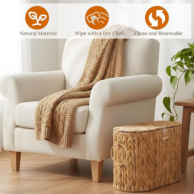 Toilet Paper Storage Basket, Water Hyacinth Slim Toilet Paper Holder with Lid for 6 Regular Rolls Hand-Woven Wicker Rattan Home Decor Bathroom Accessories Organizer