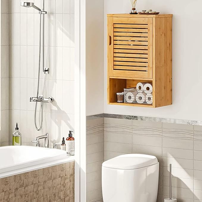 VIAGDO Bathroom Wall Cabinet, Wooden Medicine Cabinet with Single Door and Adjustable Inner Shelf, Bamboo Storage Cabinet Wall Mounted, Over The Toilet Hanging Cupboard, 15.7’’Lx7.8’’Wx23.6’’H