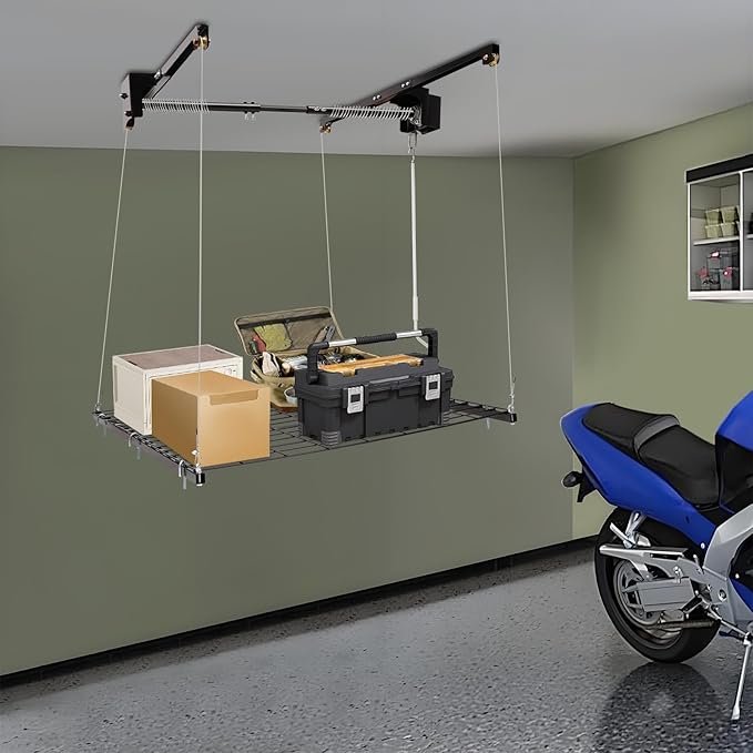 TBVECHI Overhead Garage Lifting Storage Rack, 4x4 Ft Heavy-Duty Metal Garage Ceiling Rack, Storage Organizer System with 79''L Adjustable Height, 300lbs Weight, Satin Black