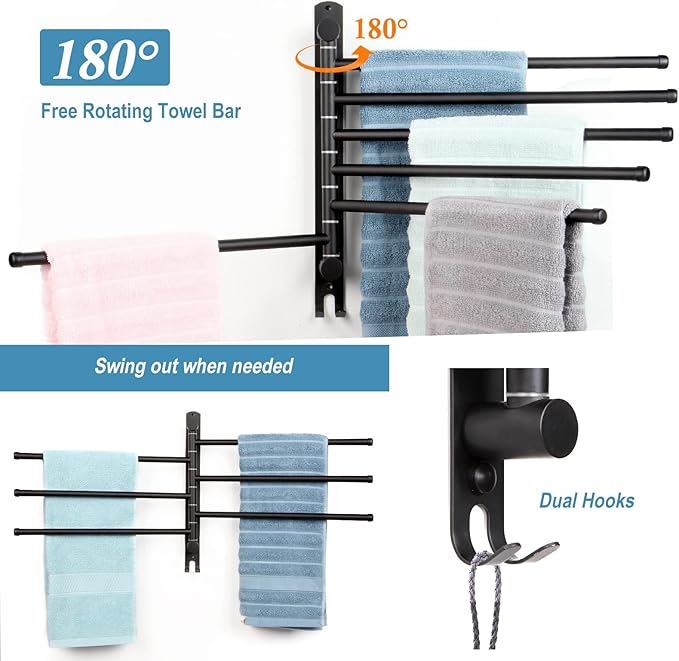 Matte Black 6 - Arm Stainless Steel Swivel Towel Rack with Hook: Wall - Mounted, Rustproof Space - Saver for Bathroom & Kitchen - 180° Rotation, 14kg Capacity