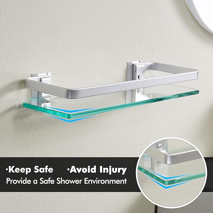 KES Glass Shelves for Bathroom, Floating Tempered Glass Shelves 14 Inch Aluminum Extra Thick 2 Pack Rectangular Storage Organizer Wall Mount Silver, A4126A-P2