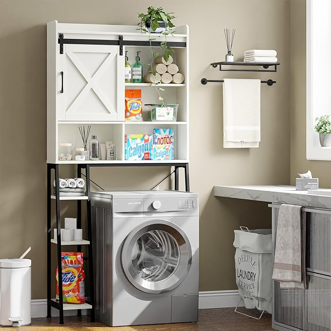 Vabches Over The Toilet Storage Cabinet, Farmhouse Storage Cabinet Over Toilet with Sliding Door & Toilet Paper Holder Stand, Home Space-Saving Toilet Rack for Bathroom, Restroom
