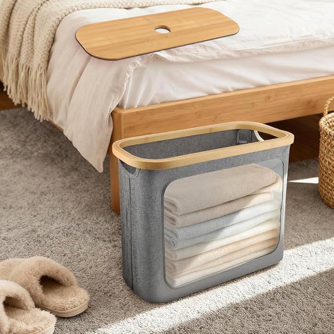Toilet Paper Storage Holder with Lid, Freestanding Toilet Paper Basket Stand for 9 to 12 Rolls, Bathroom Storage Organizer with Bamboo Lid(Grey)