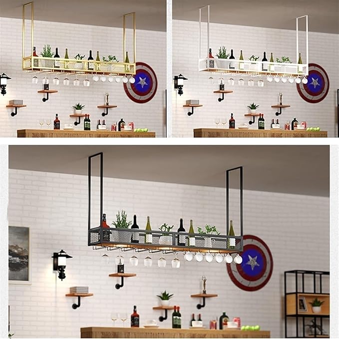 Ceiling Hanging Wine Glass Holder - Ceiling Shelf, Ceiling Wine Rack Display Stand, Hanging Solid Wood Plant Stand, Wall Mounted Iron Art Wine Bottle Holder, LOFT Ceiling Mounted Storage Rack ( Color