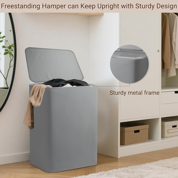 Foldable Laundry Hamper with Lid & Laundry Bag with Drawstring,Portable Laundry Basket with Easy Carry Handles,Clothes Hamper Space Saving Organizer for Bathroom,Bedroom,College Dorm,RV,Grey