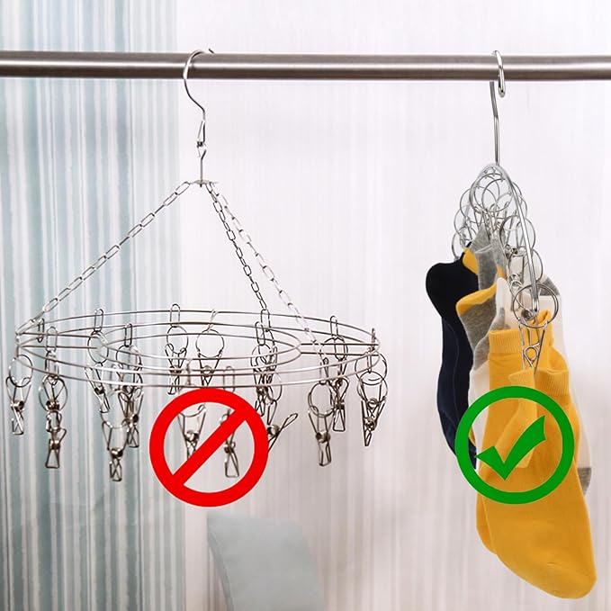 Toplife Clothes Hanger with 10 Clips, Stainless Steel, Windproof, for Drying Socks, Bras, Underwears, Baby Clothes, Hats, Scarfs, Towels, Pants and Gloves, Set of 4 (Indoors)