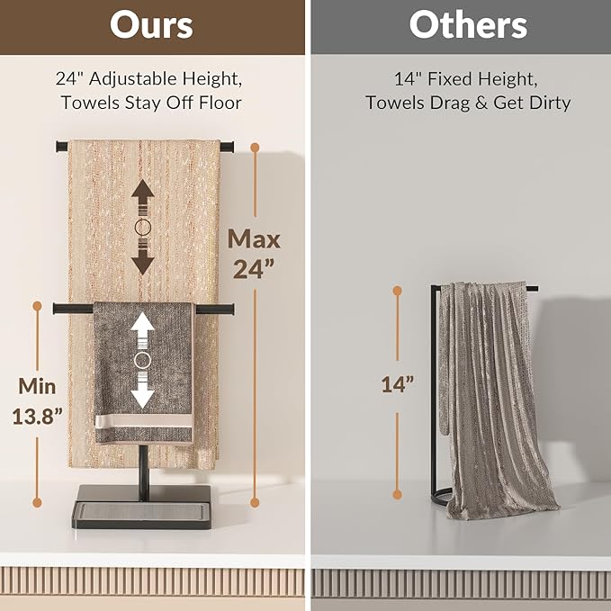 NADAMOO Towel Holder Stand with Stone Drying Tray, Adjustable Height 13.8"-24" Extra Tall for Countertop, Wide Stable Base, Rustproof Black Metal, Double Bar Hand Towel Rack for Bathroom & Kitchen