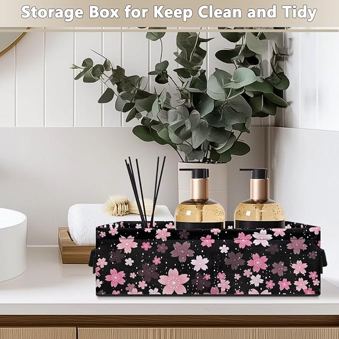 Storage Bins Collapsible Organizer Rectangular Toilet Paper Basket Lightweight Toiletries Organizer for Bathroom Kitchen Office Accessories and Decor, Pink Cherry Blossom Black